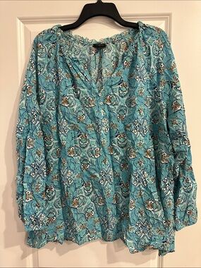 Talbots Aqua Printed Peasant Blouse